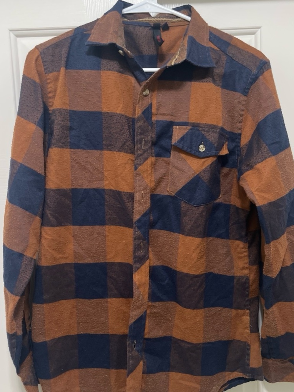 Men's Orange and Navy Plaid Button-Up Shirt Jacket